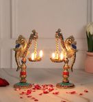 Two Moustaches Gemstone Work Peacock on Pillar Design Brass Diya Pair , Brass Diyas for Home/Temple , Diyas for Home Decor , Brass Oil Lamp ,Gifts for Housewarming , Multicolored, Standard, Pack of 2