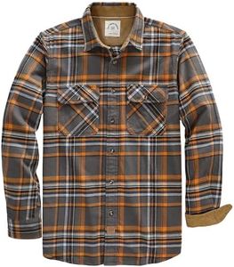 Dubinik® Mens Flannel Shirt Long Sleeve Button Down Plaid All Cotton Soft Brushed Flannel Shirt for Men Utility Casual Shirt Grey and Orange