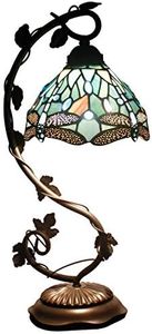 WERFACTORY Tiffany Lamp Sea Blue Stained Glass Dragonfly Style Vintage Lamp, Desk Reading Light, Metal Leaf Table Lamp Base 8X10X21 Inches Decor Small Space Bedside Bedroom Home Office S147 Series