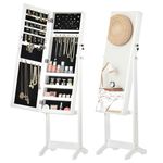 HOMCOM Full Length Mirror with Storage, Jewellery Cabinet with Mirror, Adjustable Angle and Stand, Lockable Jewellery Organiser for Bedroom Dressing Room, White