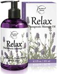 Relax Therapeutic Body Massage Oil - with Best Essential Oils for Sore Muscles & Stiffness – Lavender, Peppermint & Marjoram - All Natural - with Sweet Almond, Grapeseed & Jojoba Oil 8oz