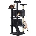 Yaheetech Tall Cat Tree, 178cm Cat Tower w/Scratching Posts, Cat Condos, Perched Platforms and 2 Dangling Balls Cat Play House, Black