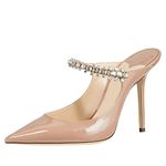 MIRAAZZURRA Women Heeled Mules Rhinestone Strappy Pointed Toe Mules Stiletto High Heels Slip On Bridal Sandals for Women 4 inches US Size 6 Nude