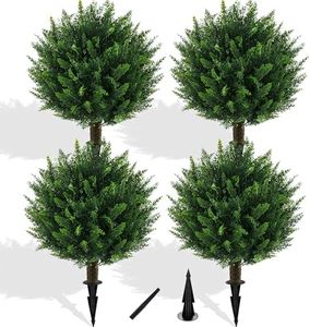 Grewyear Artificial Cedar Topiary Ball Tree with Ground Spike, Set of 4 UV Resistant Artificial Bushes for Outdoors Faux Shrubs, Weatherproof Fake Round Cypress Ball Bushes Plant for Front Porch