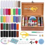 196 Pcs Sewing Accessories Wooden Sewing Box with Sewing Kit Accessories Organize Box with Needle Thimble Pin Cushion Button for Travel, Camping, Home DIY