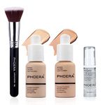 ABRUS - PHOERA Foundation Full Coverage Makeup Set- Includes 2 Pieces 30ml Matte Foundation (102 Nude & 103 Warm Peach), 6ml Makeup Primer For Face & Flat Kabuki Liquid Foundation Brush