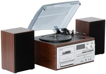 Lenoxx Home Entertainment System with Turntable, Cassette Player, USB Port, SD Slot, CD, and Bluetooth 5.0, 3-Speed Turntable, AM/FM Radio, Wooden Speaker Boxes - Brown