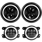 Dot Approved 7inch LED Headlights with White DRL/Amber Turn Signal + 4 inch LED Fog Lights with White DRL Halo Ring for Jeep Wrangler 97-2017 JK LJ Tj