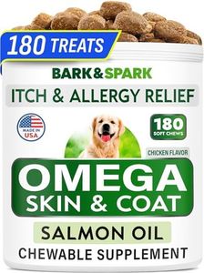 BARK&SPARK Omega 3 for Dogs - 180 Fish Oil Treats for Dog Shedding, Skin Allergy Chews, Itch Relief, Hot Spots Treatment - Joint Health - Skin and Coat Supplement - EPA & DHA Fatty Acids - Salmon Oil