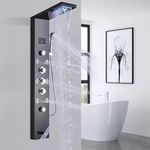 Backline Stainless Steel 304 Shower Panel 6-in-1 Thermostatic LED Rainfall Shower System – Hot & Cold Water | Handheld Shower | Body Massage Jets | Waterfall Spout Bathroom Luxury Upgrade (Black)