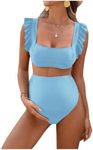 OYOANGLE Women's 2 Piece Maternity Bikini Sets Square Neck High Waist Swimsuit Summer Casual Bathing Suit Light Blue Small