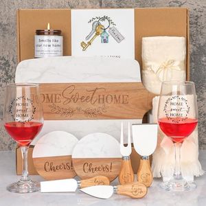 Housewarming Gifts New Home,Luxury Gift Set with Marble & Acacia Chopping Board, Cheese Knife Set, Wine Glasses, Coasters, Candle & Towels, New Home Gift Box for Couples