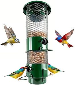Squirrel Proof Bird Feeder for Outdoors, 4 Port Hanging Metal Wild Bird Feeder with Weight-Activated Perches, 3LB Large Capacity Chew-Proof Weather Resistant Bird Feeder Outside, Green