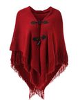 Ferand Women’s Loose Fitting Poncho Cape Shawl with Stylish Horn Buttons, V Neckline and V Hem, One size, Red