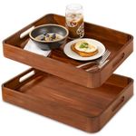 Acacia Wooden Serving Trays with Handles for Eating, Appetizers, Food, Snacks, or Home Decor, Large Wood Bed Tray or TV Tray, Decorative Ottoman or Coffee Table Accessory, 17x13 inch, Set of 2