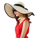 DRESHOW Womens Wide Brim Straw Hat Floppy Foldable Roll up Cap Beach Sun Hat UPF 50+