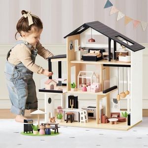 Tiny Land Doll House, Modern Family Dollhouse with Realistic Design, Wooden Dollhouse with 53Pcs Furniture - Ideal Gift for Kids Ages 3+