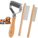 HIMODA Cat Brush for Dematting, Deshedding, 3 Pack Dog Grooming Kit, Knotting Comb, Shedding Brushes for Cats Dogs, Double Sided Undercoat Rake to Remove Mats, with Wood Handle