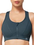 Yvette Zip Front Sports Bra High Impact Sports Bras for Women Plus Size Workout Fitness Bra, Haze Blue, M