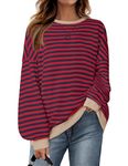 Oyamiki Women's Striped Long Sleeve Shirts Contrast Red Top Oversized Crew Neck Sweater Soft Sweatshirt S