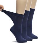 HUGH UGOLI Women's Bamboo Loose Fit Diabetic Crew Socks, Seamless Toe & Non-Binding Top for Swollen Feet, Soft, Extra Wide and Stretchy, 3 Pairs, Navy Blue, Shoe Size: 10-12