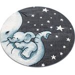 Bravich Kids Nursery Rug Large Circular Round Blue/Grey/White Baby Elephant & Stars Design Pastel Colours Super Soft Thick Anti-Allergic Children's Bedroom Nursery Area Rug 120cm Circle (4ft)