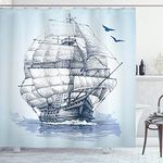 ABAKUHAUS Vintage Boat Shower Curtain, Old Sketch Yacht at Sea Adventure in Ocean Marine Aquarelle Art, Cloth Fabric Bathroom Decor Set with Hooks, 78 Inches, Baby Blue and Dark Blue