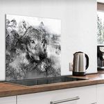 murando Glass Splashback for Kitchen Backsplash Cooker Protector Tempered Glass Decorative Wall Art Panel Heat Resistant Graphic 60x60 cm / 24"x24" Animal Wolf Black Grey g-A-0212-aq-a