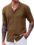 COOFANDY Beach Shirts for Men Vintage Knit Casual Button Down Shirt Short Sleeve Summer Holiday Clothes Brown