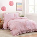 HOMBYS Pink Bedding Comforter Set for Girls, 3 Piece Blush Pinch Pleat Comforter Set with Ruffles for All Season，Full/Queen Size