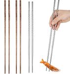 4 Pairs Cooking Chopsticks Extra Long 16.5 Inch Wooden Chopsticks & 15.3 Inch Stainless Steel Chopsticks for Cooking, Kitchen, Hot Pot, Frying, Noodle, Reusable Chinese Japanese Style Chopsticks