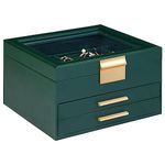 Somduy Jewelry Box Organizer for Women,3 Layers PU Leather Jewelry Storage Display Box with Glass Lid,Gift for people,3 Drawers,Large Capacity for Necklace Earrings Bracelets Rings, Dark Green