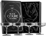 GLASSIQUE CADEAU Vintage Art Deco Smoke Black Coupe Glasses | Set of 4 | 7 oz Ribbed Cocktail Glassware for Drinking Champagne, Martini, Cosmopolitan, Manhattan | Crystal Speakeasy Saucers