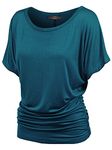 Made By Johnny Women's Solid Short Sleeve Boat Neck V Neck Dolman Top with Side Shirring, Wt817_teal, X-Large
