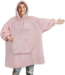 PAVILIA Wearable Blanket Sweatshirt for Kids Boy Girl Light Pink, Warm Cozy Giant Blanket Hoodie, Fleece Sherpa Oversized Blanket Sweatshirt with Sleeves, Big Pocket, Christmas Gift