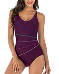 SYKT Women's Athletic One Piece Swimsuits Sports Bathing Suit Tummy Control High Waisted Swimwear Purple