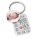 Personalized Newborn Baby Keychain Custom Baby Stats Key Chain with Photo Birth Calendar Key Ring Customized New Mom Dad Gifts, Silver, 3.5cm*2.5cm