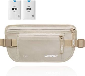 LANNEY RFID Blocking Travel Money Belt, Cream, Large Waist Pack with 2 Pockets, Slim Under Clothes, Passport Holder, Bonus 2 RFID Sleeves