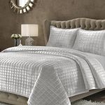 Tribeca Living Velvet King Quilt Set, Three-Piece Box Stitch Bedding Set Includes One Oversized Quilt & Two Sham Pillowcases, 260GSM Super Soft Velvet, Florence/Silver Grey