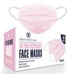 H HARLEY STREET CARE Disposable Pink Face Masks Protective 3 Ply Breathable Triple Layer Mouth Cover with Elastic Earloops (Pack of 50)