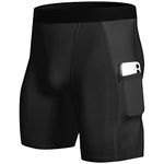 SPVISE 1 or 3 Pack Men's Compression Shorts with Pocket Spandex Underwear Workout Gym Shorts Active Running Basketball Shorts, Black, Small