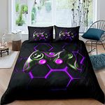 Boys Game Comforter Cover Set Teens Kids Anime Gamer Gaming Duvet Cover Set Geometric Honeycomb Hexagon Bedding Set Video Game Controller Bedclothes 3Pcs Double Size,Black,Purple