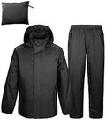 Outdoor Ventures Men's Packable Rain Suit Heavyweight Rainwear Waterproof Jacket and Trouser Set for Riding Hiking Fishing Camping Black XL