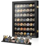 DecoWoodo Military Challenge Coins Display Case Wall Mount with HD Glass Door, 7 Rows Coin Holder Display Cabinet Rack Shadow Box with Removable 2 Grooves Shelves for Medal Casino Poker Chips, Black