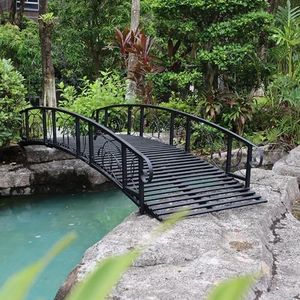 Kinpaw 8FT Metal Garden Bridge, Outdoor Arc Walkway with 2 Safety Rails, Durable Decorative Footbridge with Large Weight Capacity, Decor for Stream, Fish Pond, Antique Black