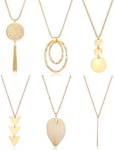 Fesciory 6 PCS Long Pendant Necklace for Women, Gold Bar Circle Leaf Triangle Tassel Y Necklace Set, Metal