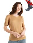 Merino.tech Merino Wool T Shirt Women - 100% Merino Wool Base Layer Women Short Sleeve Tee + Merino Wool Hiking Socks (Medium, Camel)