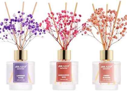 Airkeep Reed Diffuser Set of 3, Lavender Thyme Sandalwood Rose Cherry Blossom Oil Reed Diffusers for Bedroom Living Room Office Aromatherapy Oil Reed Diffuser for Gift 50ml x 3