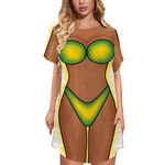 Kasopp Women's Funny Bikini Body Print Beach Cover Up Shirts Cute Girl's Short Sleeve Baggy Swimsuit Cover-Up Dress, Flame Yellow, Large