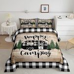 RV Camper King Size Comforter Set Kids Vintage Wood Farmhouse Decor All Season Bedding Set for Girls Teens Black White Grid Comforter Cartoon Travel Car Decor Quilt Set Bedroom Collection 3Pcs